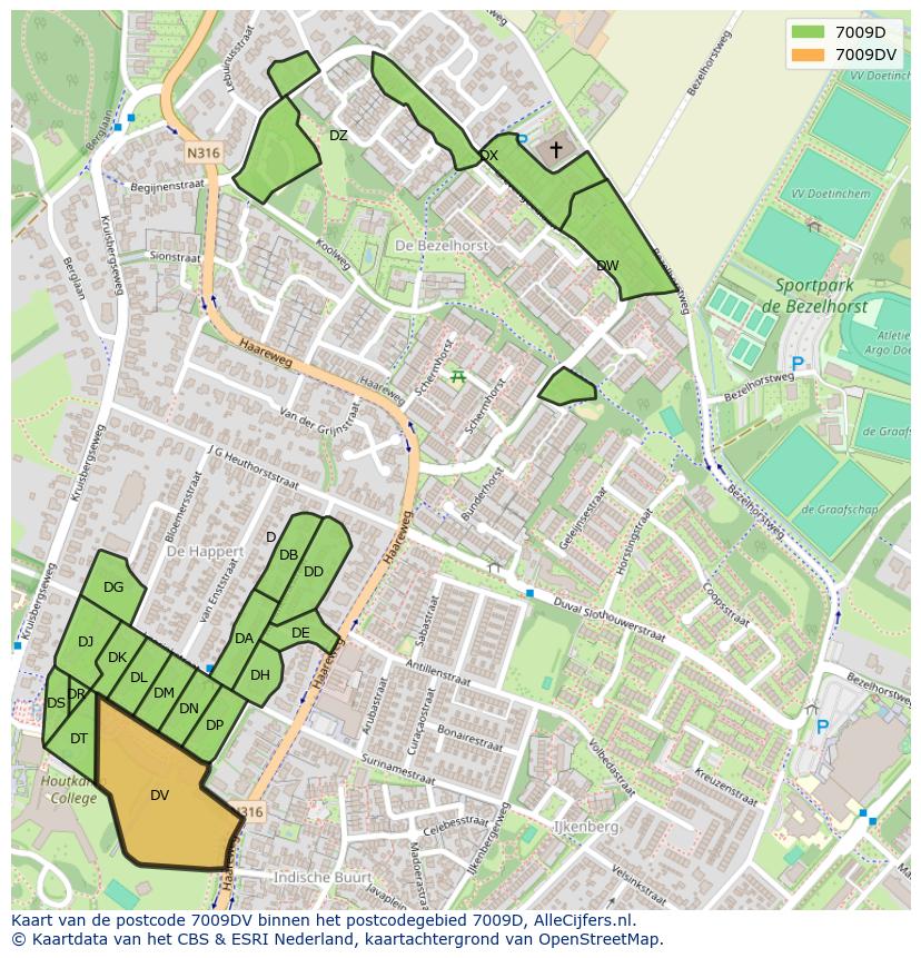 Afbeelding van het postcodegebied 7009 DV op de kaart.
