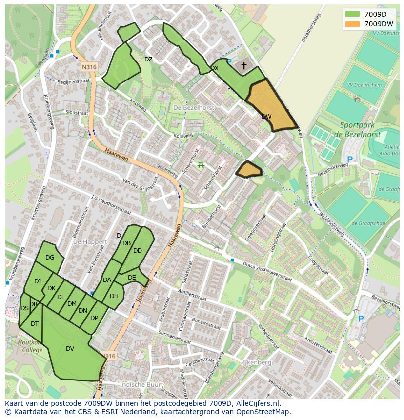 Afbeelding van het postcodegebied 7009 DW op de kaart.