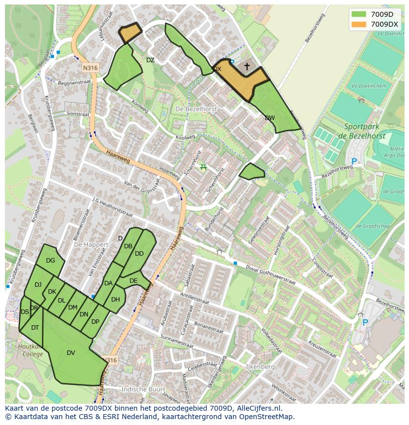 Afbeelding van het postcodegebied 7009 DX op de kaart.