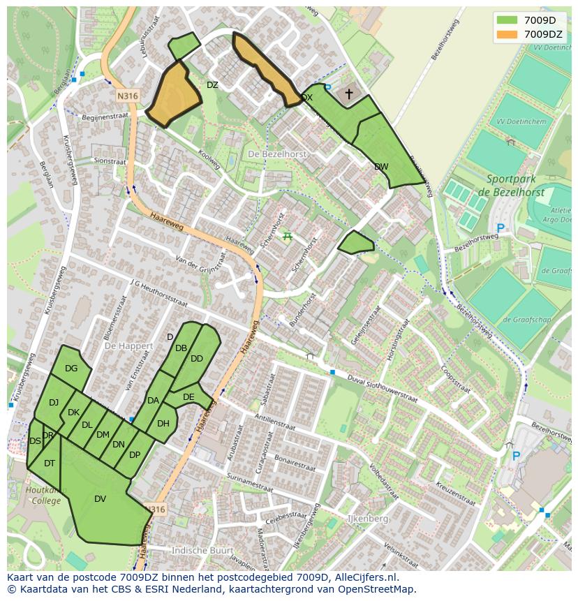 Afbeelding van het postcodegebied 7009 DZ op de kaart.