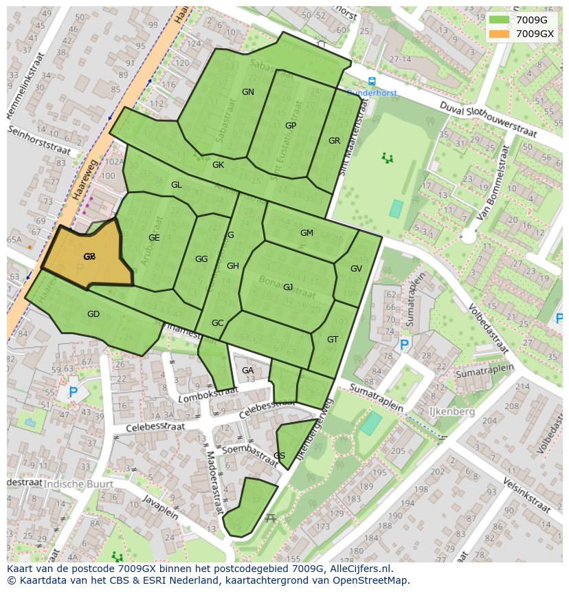 Afbeelding van het postcodegebied 7009 GX op de kaart.