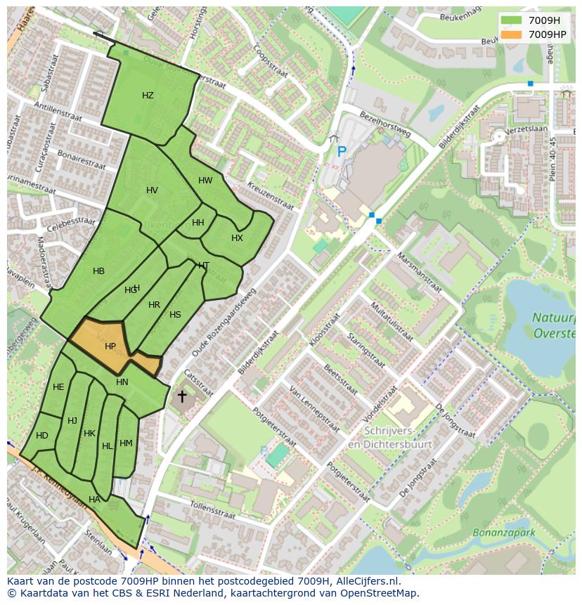 Afbeelding van het postcodegebied 7009 HP op de kaart.