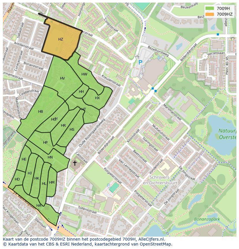 Afbeelding van het postcodegebied 7009 HZ op de kaart.