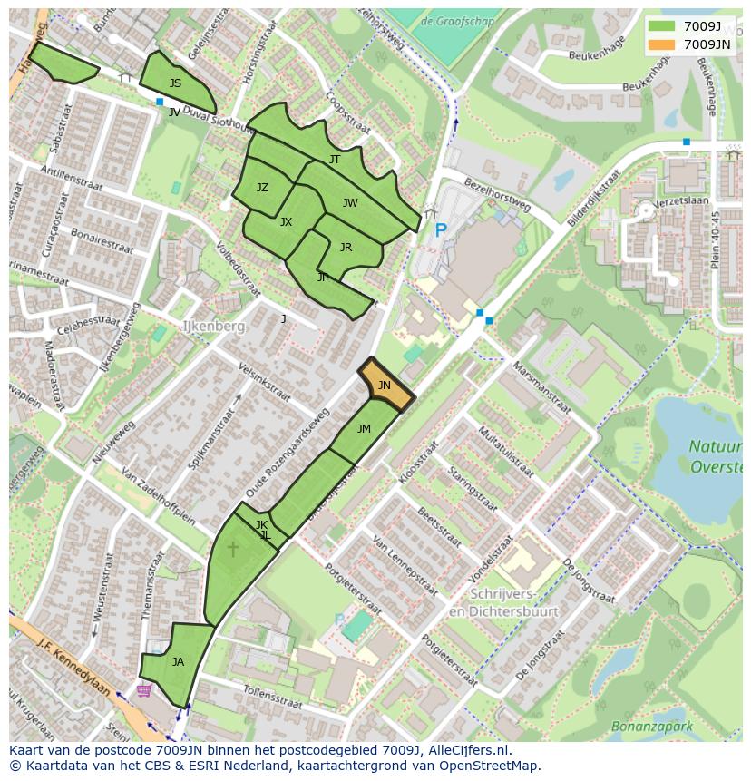 Afbeelding van het postcodegebied 7009 JN op de kaart.