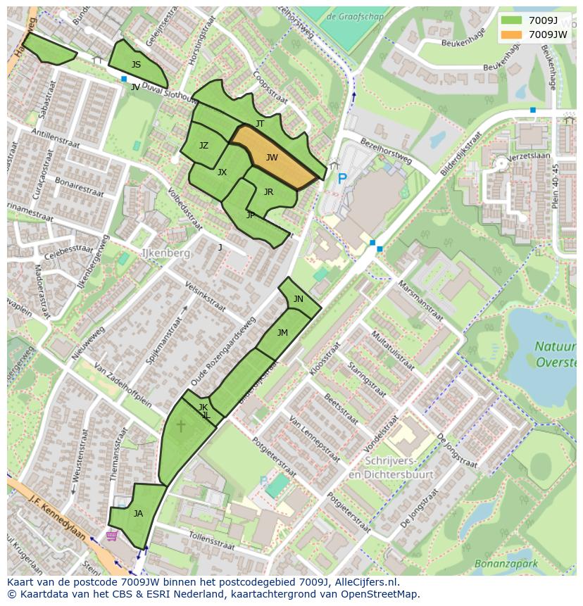 Afbeelding van het postcodegebied 7009 JW op de kaart.