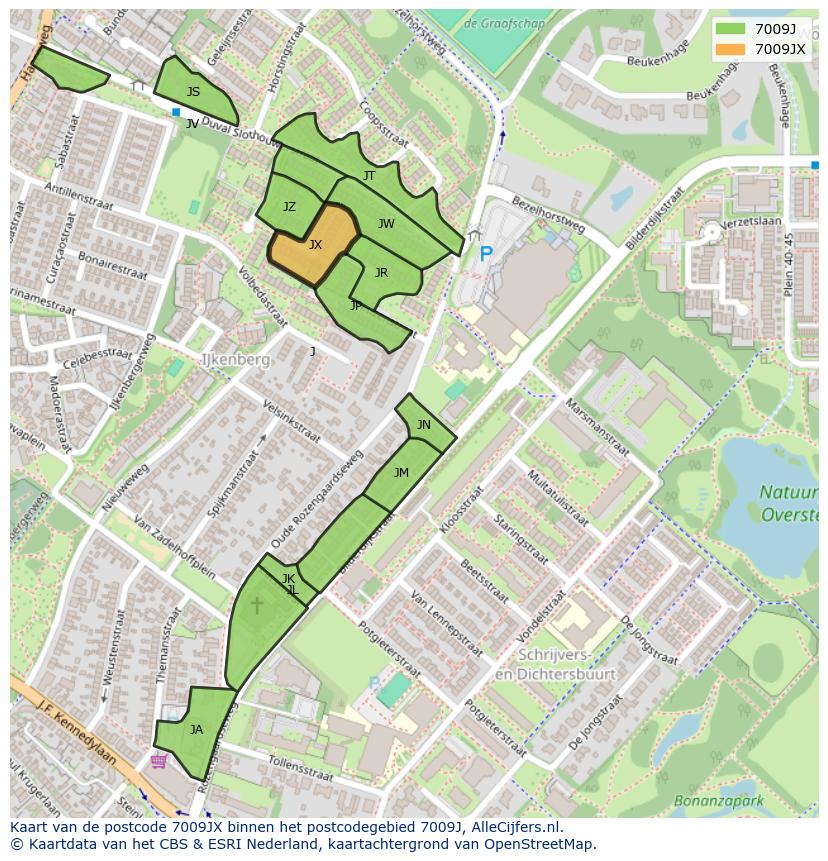 Afbeelding van het postcodegebied 7009 JX op de kaart.
