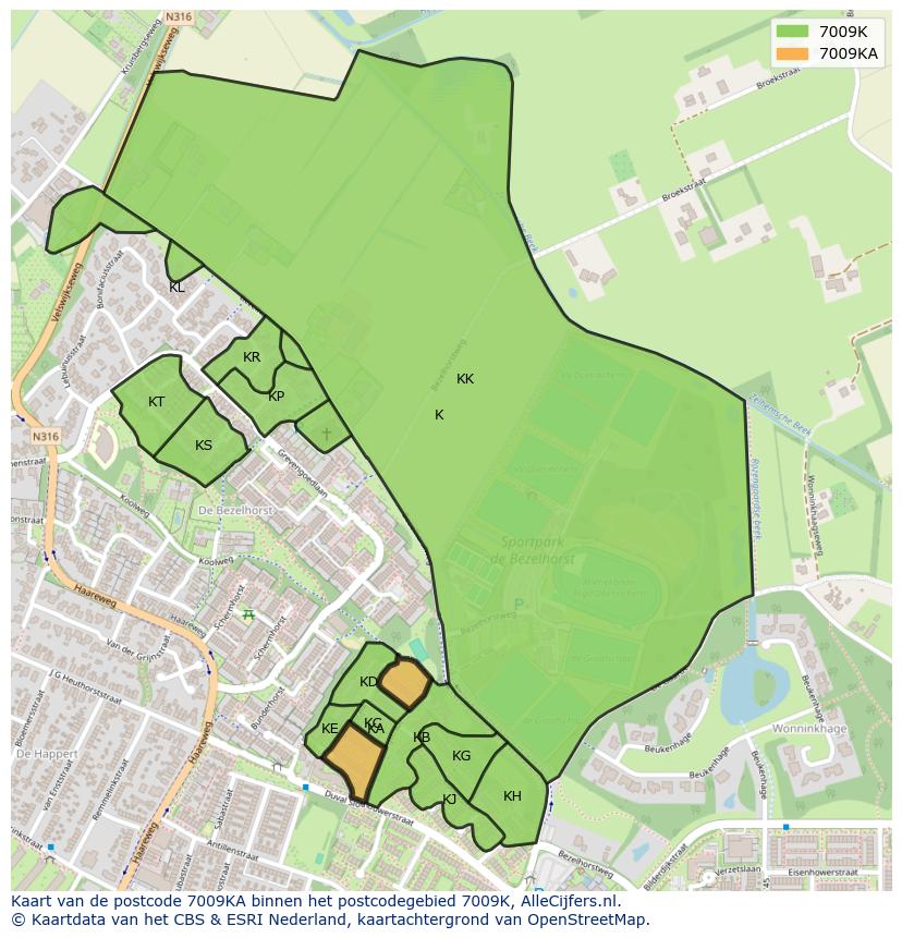 Afbeelding van het postcodegebied 7009 KA op de kaart.