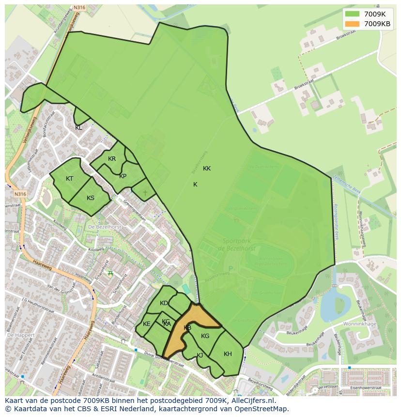 Afbeelding van het postcodegebied 7009 KB op de kaart.