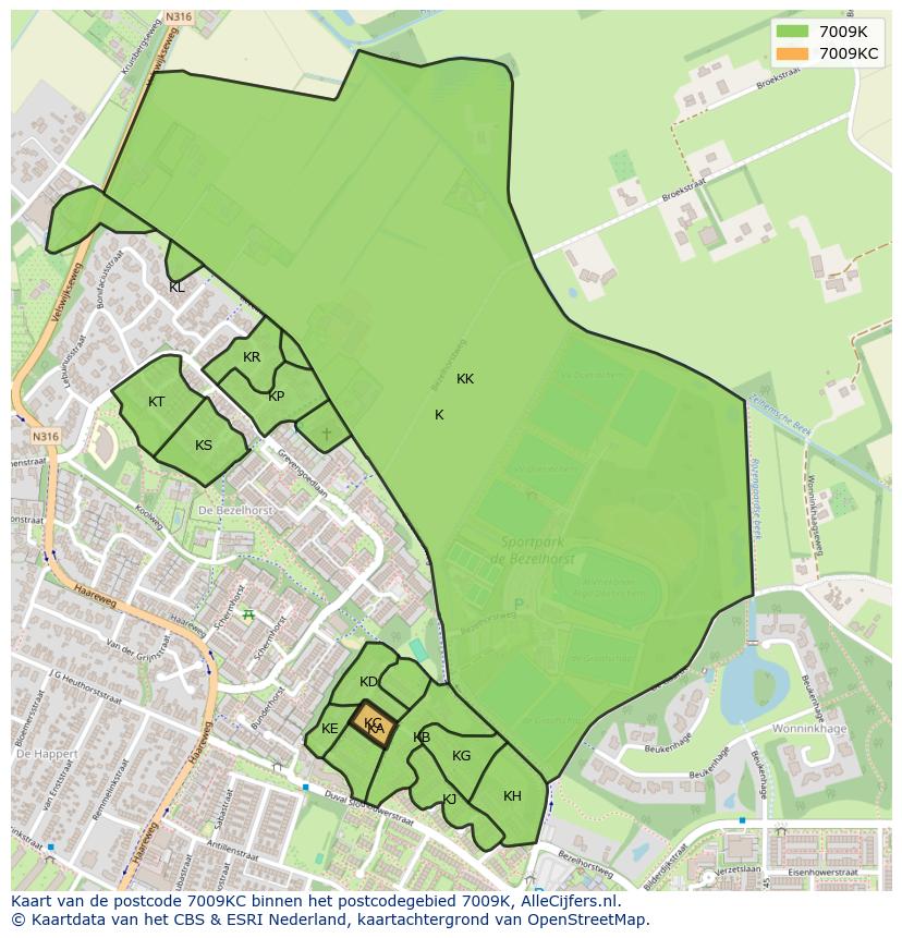 Afbeelding van het postcodegebied 7009 KC op de kaart.