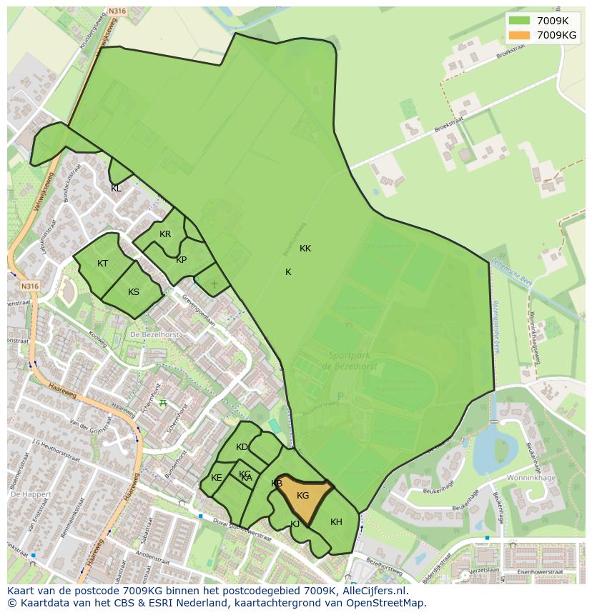 Afbeelding van het postcodegebied 7009 KG op de kaart.