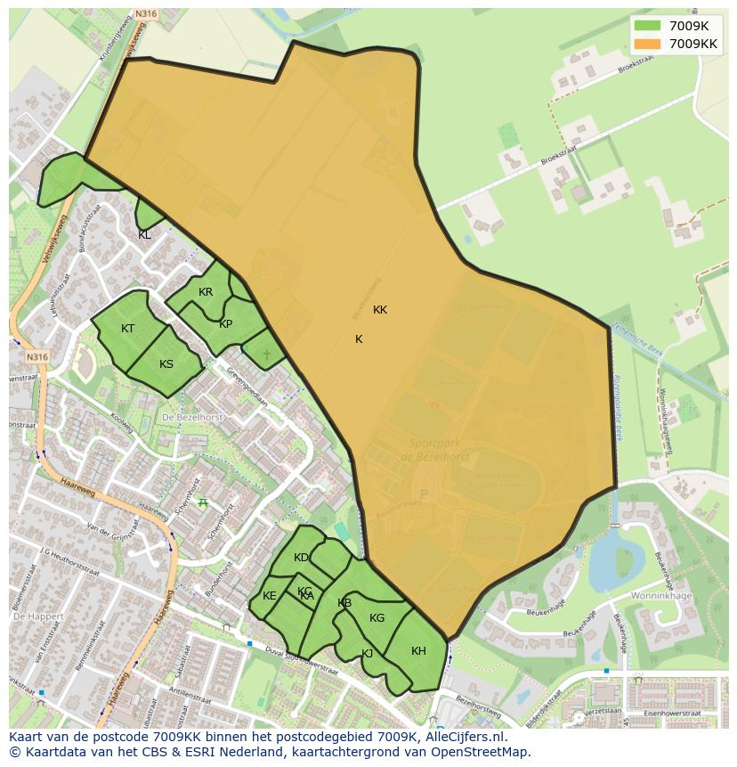 Afbeelding van het postcodegebied 7009 KK op de kaart.