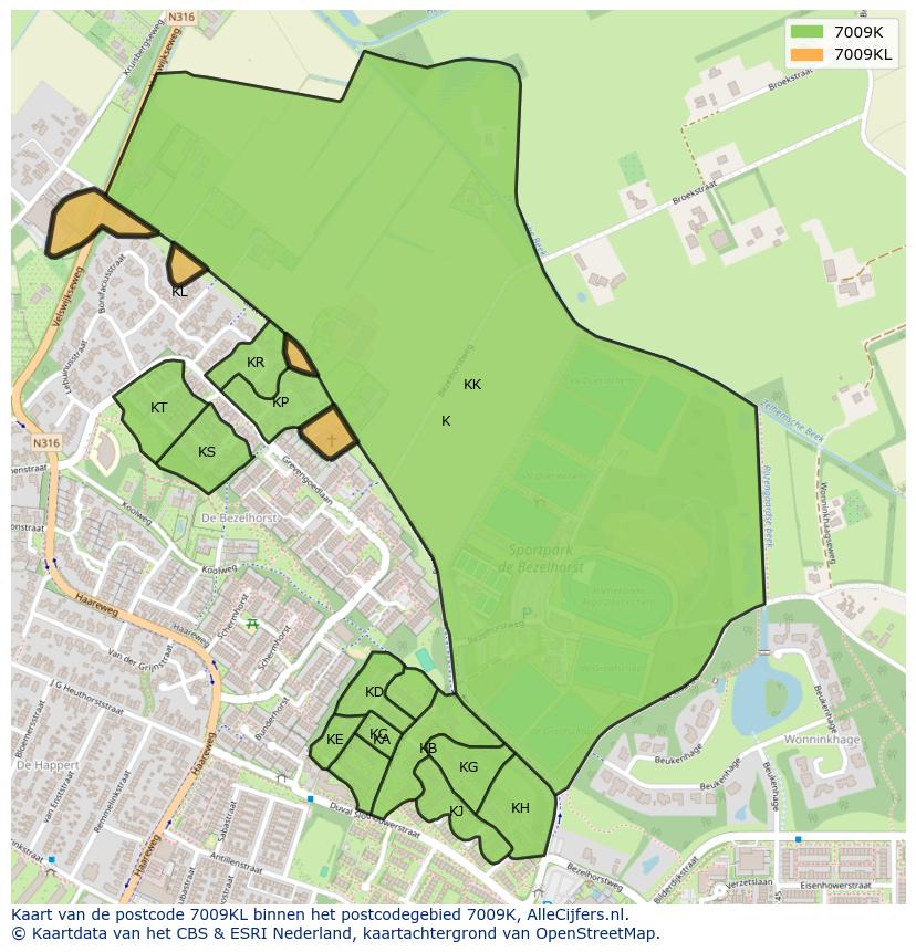 Afbeelding van het postcodegebied 7009 KL op de kaart.