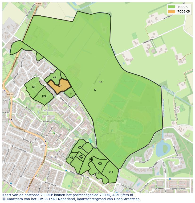 Afbeelding van het postcodegebied 7009 KP op de kaart.
