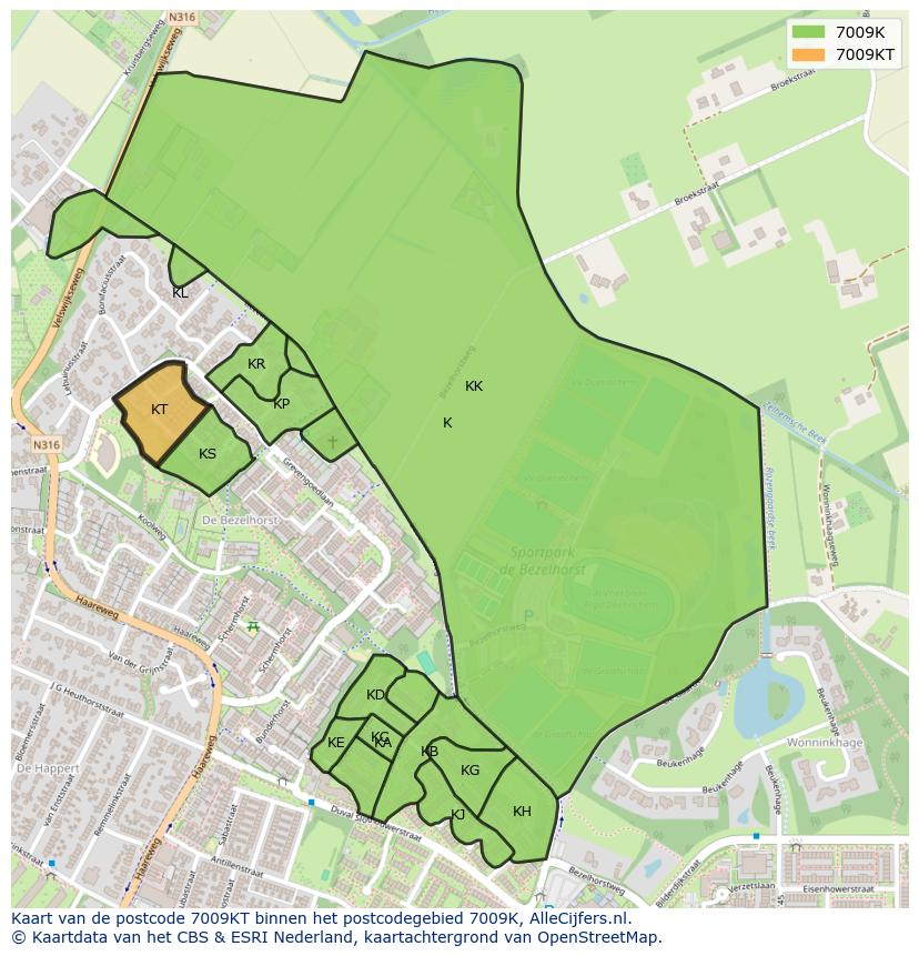 Afbeelding van het postcodegebied 7009 KT op de kaart.