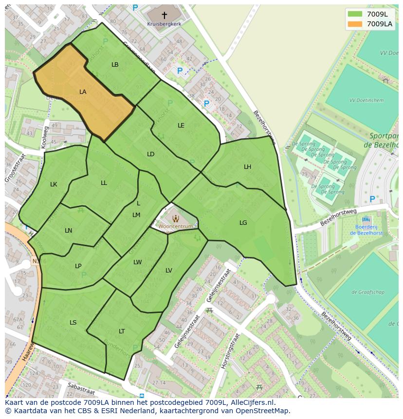 Afbeelding van het postcodegebied 7009 LA op de kaart.