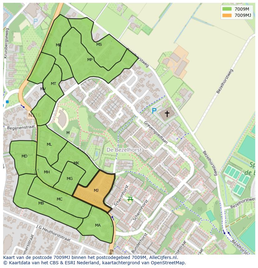 Afbeelding van het postcodegebied 7009 MJ op de kaart.