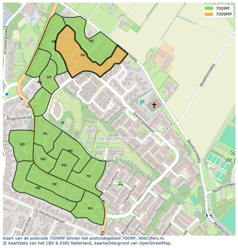 Afbeelding van het postcodegebied 7009 MP op de kaart.