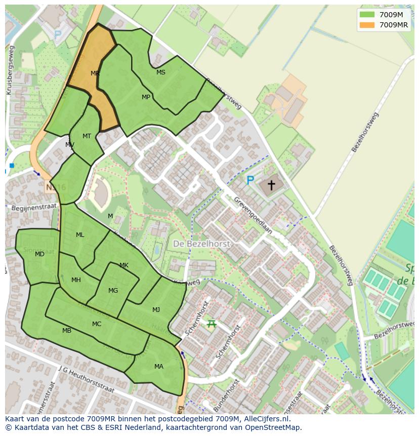 Afbeelding van het postcodegebied 7009 MR op de kaart.
