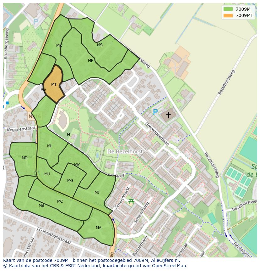 Afbeelding van het postcodegebied 7009 MT op de kaart.