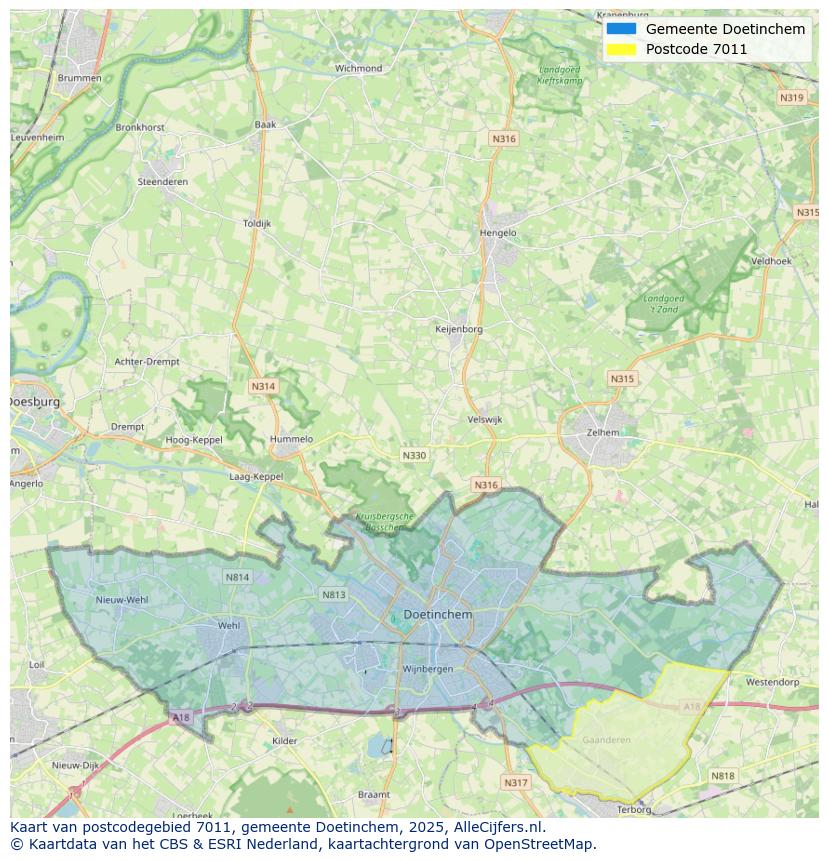 Afbeelding van het postcodegebied 7011 op de kaart.