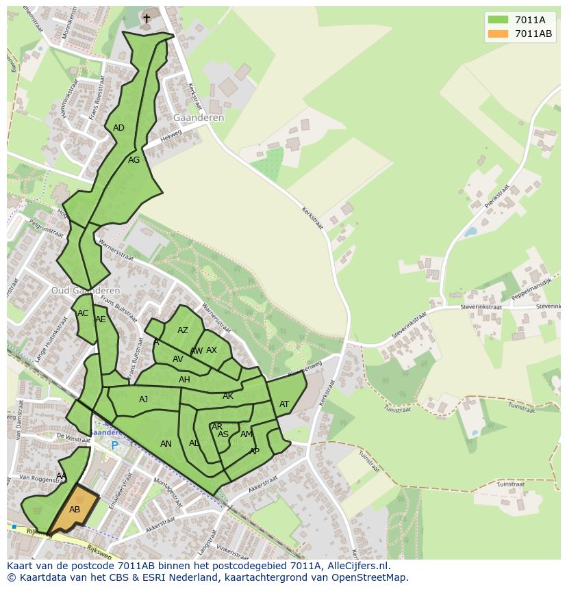 Afbeelding van het postcodegebied 7011 AB op de kaart.
