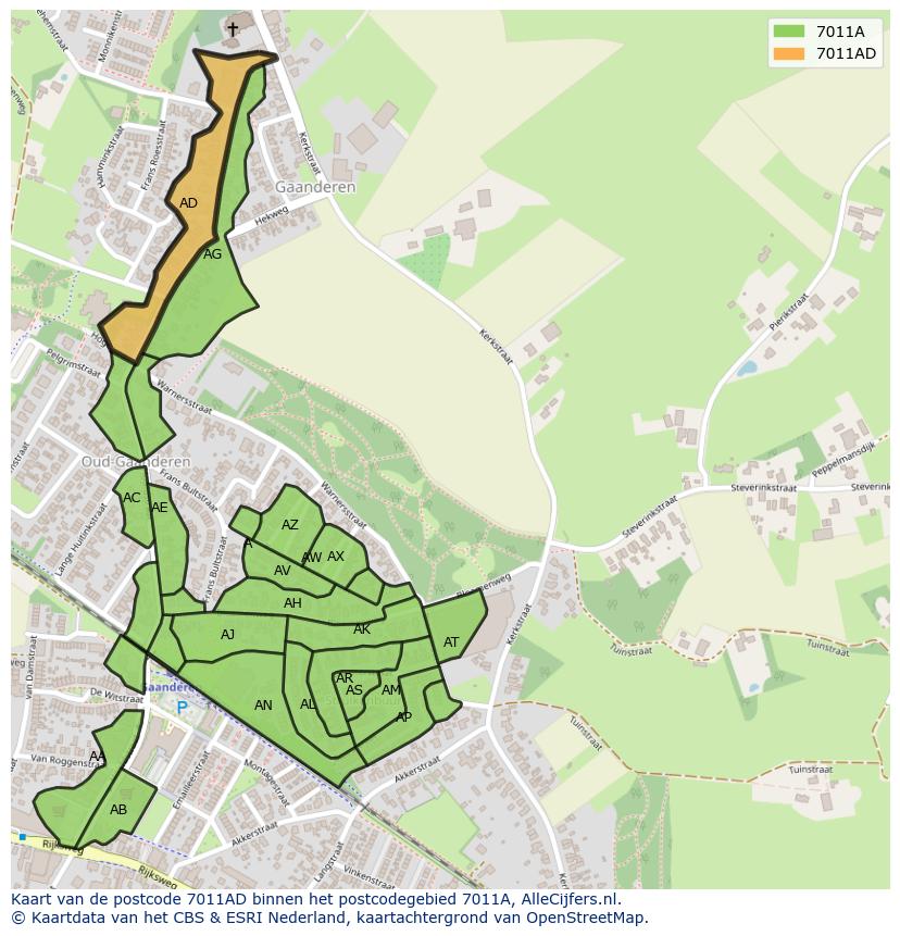Afbeelding van het postcodegebied 7011 AD op de kaart.