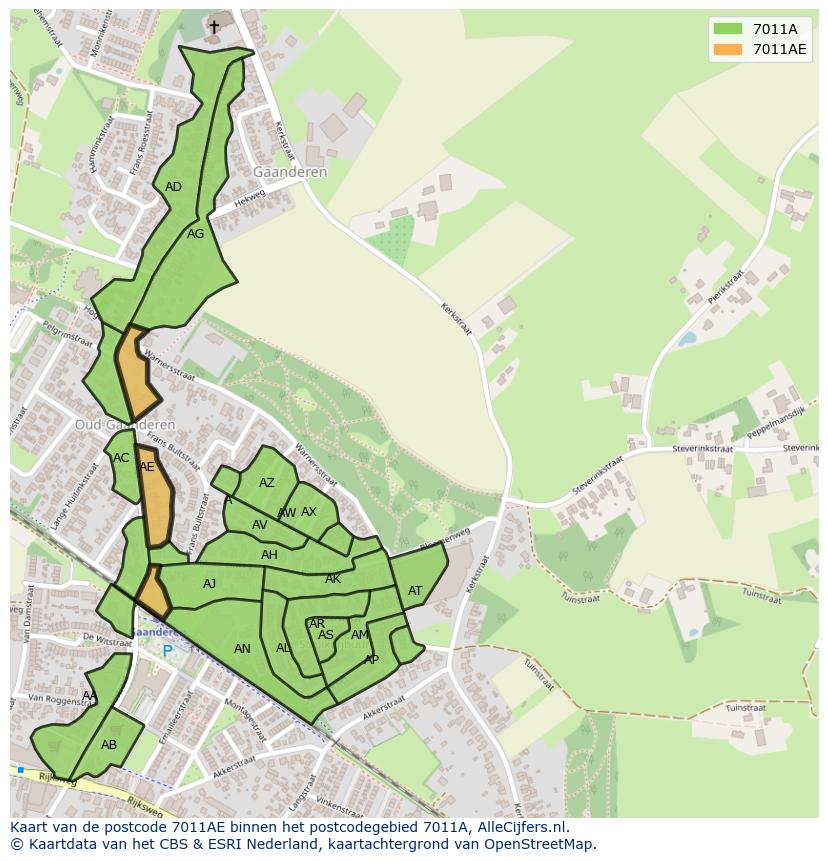 Afbeelding van het postcodegebied 7011 AE op de kaart.
