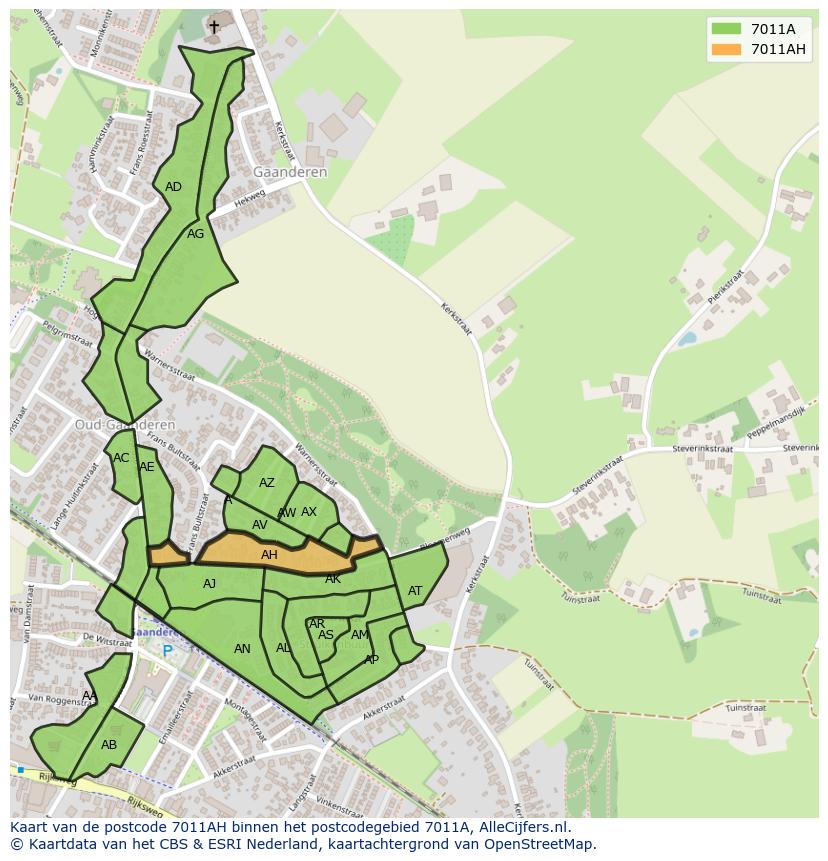 Afbeelding van het postcodegebied 7011 AH op de kaart.