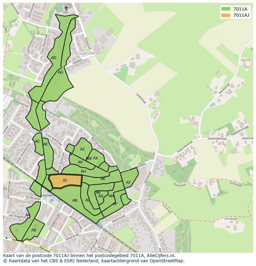 Afbeelding van het postcodegebied 7011 AJ op de kaart.
