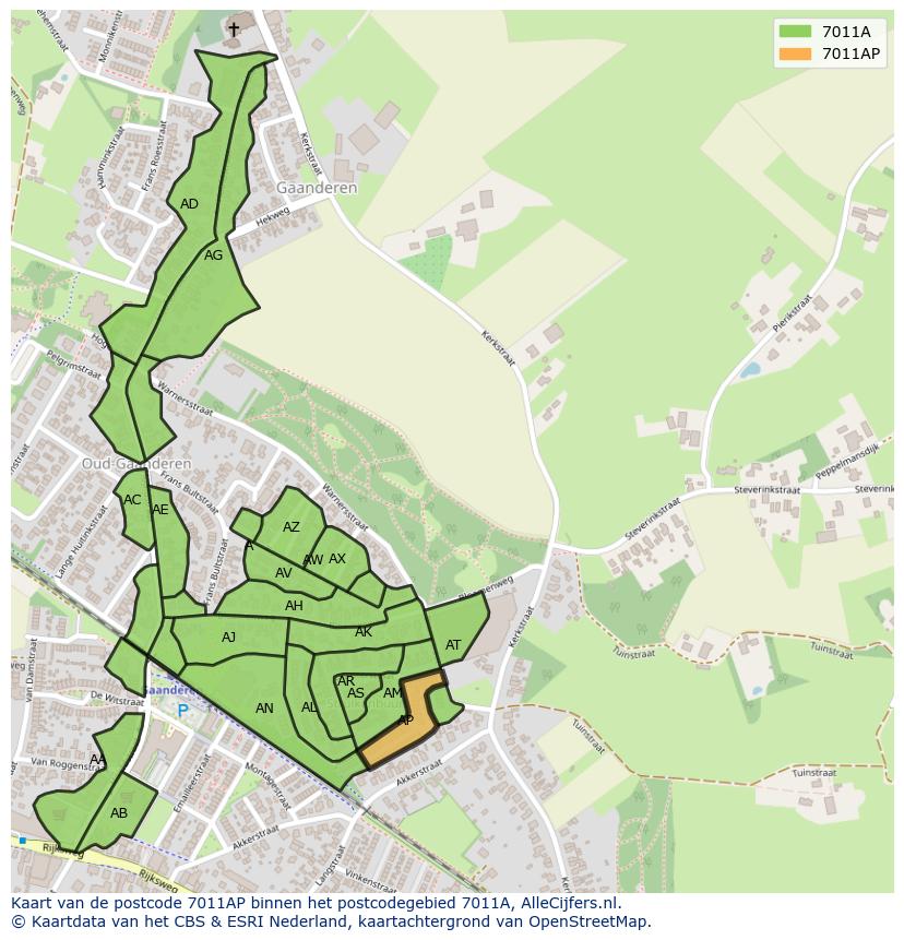 Afbeelding van het postcodegebied 7011 AP op de kaart.