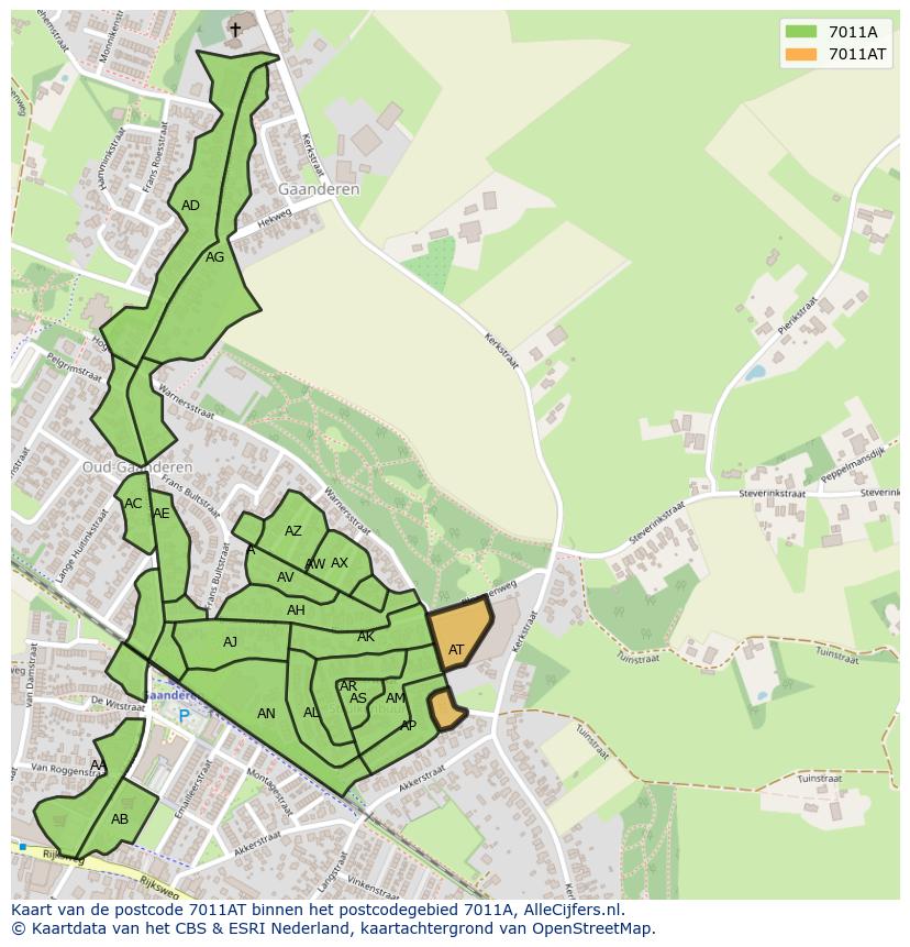Afbeelding van het postcodegebied 7011 AT op de kaart.