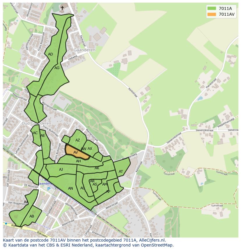 Afbeelding van het postcodegebied 7011 AV op de kaart.
