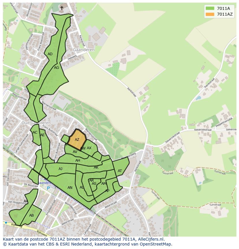 Afbeelding van het postcodegebied 7011 AZ op de kaart.
