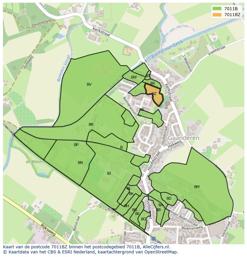 Afbeelding van het postcodegebied 7011 BZ op de kaart.