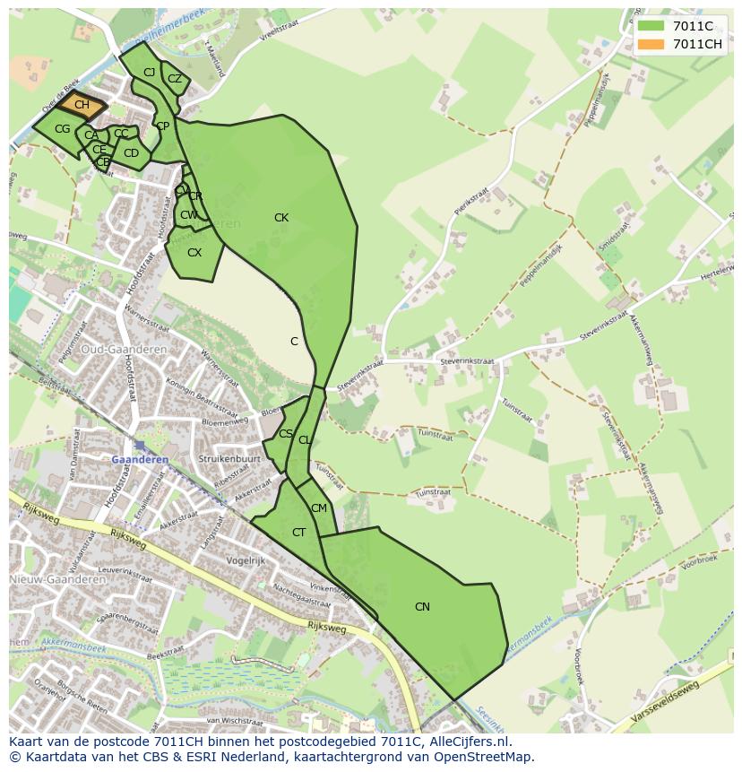 Afbeelding van het postcodegebied 7011 CH op de kaart.