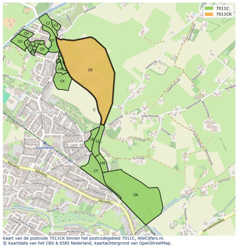 Afbeelding van het postcodegebied 7011 CK op de kaart.