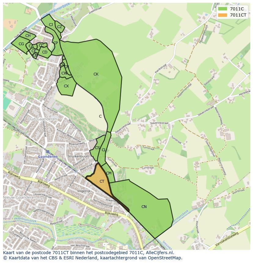 Afbeelding van het postcodegebied 7011 CT op de kaart.