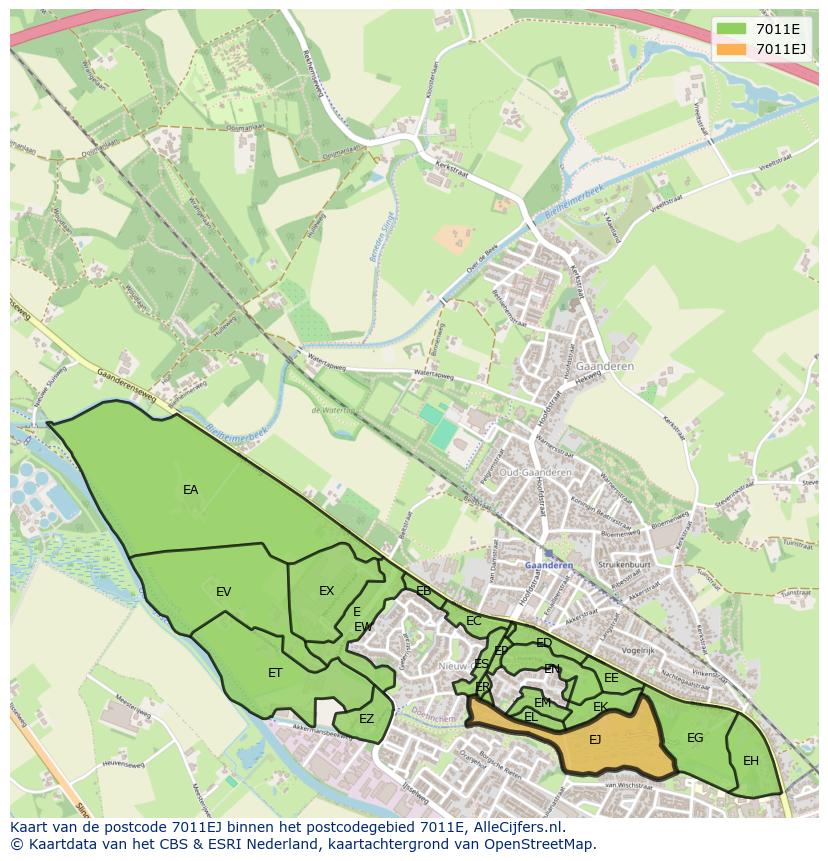 Afbeelding van het postcodegebied 7011 EJ op de kaart.