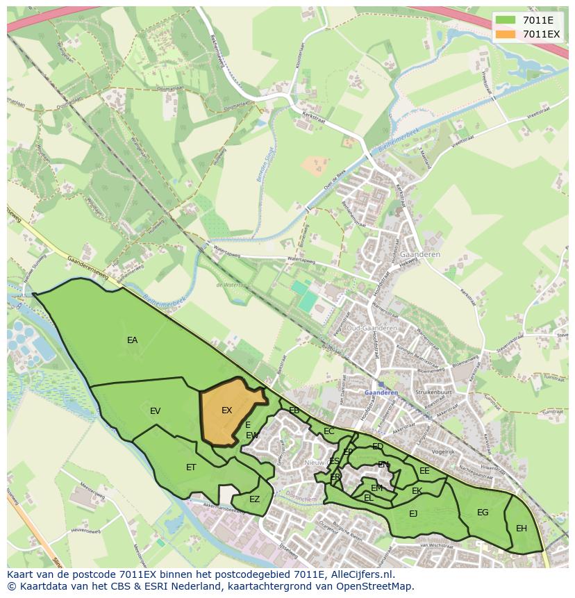 Afbeelding van het postcodegebied 7011 EX op de kaart.