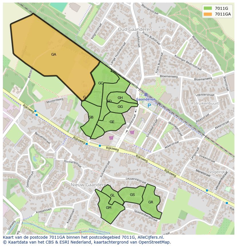 Afbeelding van het postcodegebied 7011 GA op de kaart.