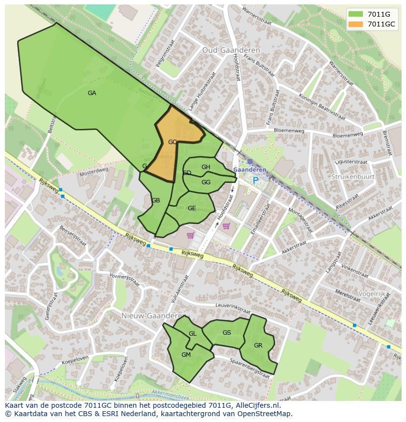 Afbeelding van het postcodegebied 7011 GC op de kaart.