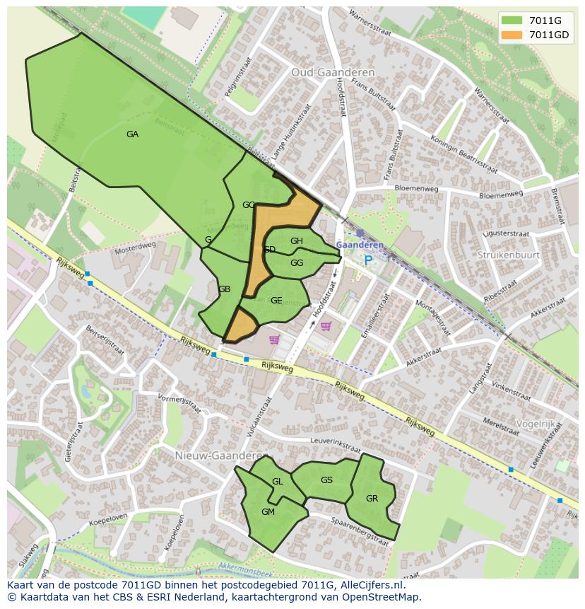 Afbeelding van het postcodegebied 7011 GD op de kaart.