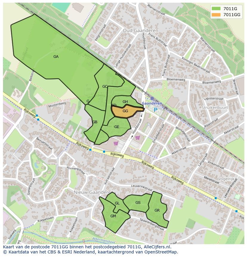 Afbeelding van het postcodegebied 7011 GG op de kaart.