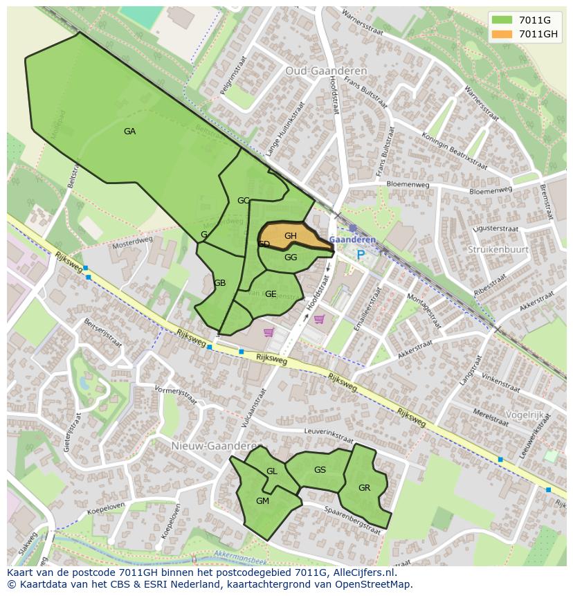Afbeelding van het postcodegebied 7011 GH op de kaart.