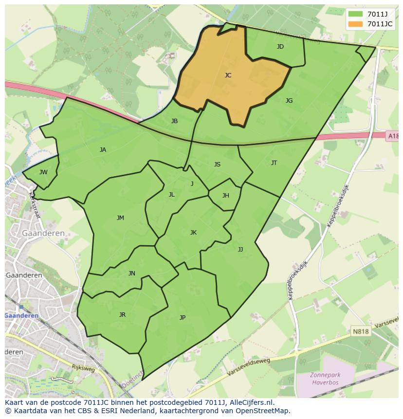 Afbeelding van het postcodegebied 7011 JC op de kaart.