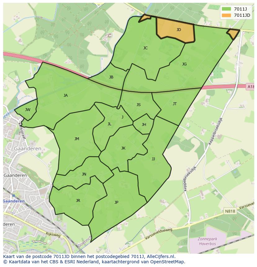 Afbeelding van het postcodegebied 7011 JD op de kaart.