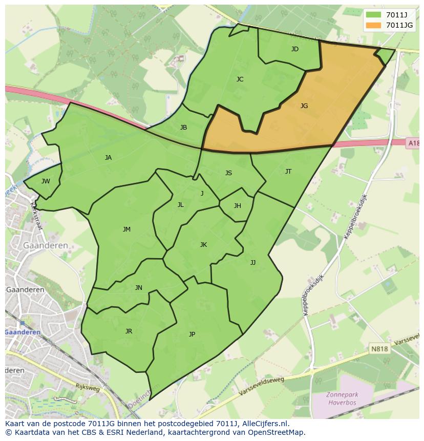 Afbeelding van het postcodegebied 7011 JG op de kaart.