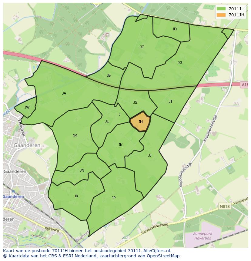 Afbeelding van het postcodegebied 7011 JH op de kaart.