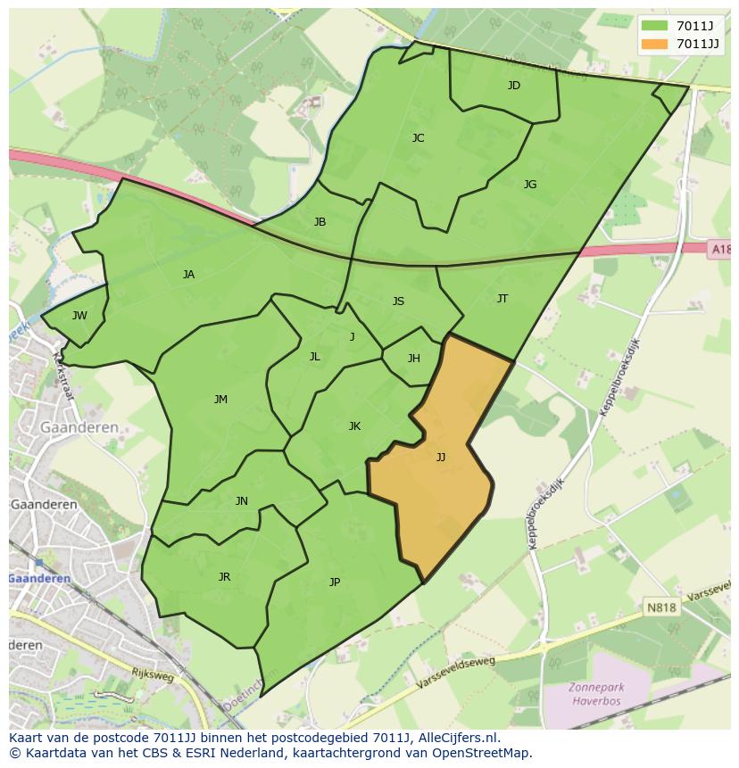 Afbeelding van het postcodegebied 7011 JJ op de kaart.