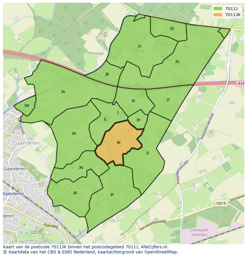 Afbeelding van het postcodegebied 7011 JK op de kaart.